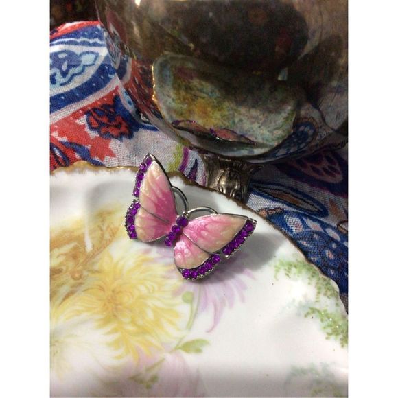 Vintage Enamel Butterfly Brooch Pin With Rhinestones Pink & Purple - Picture 2 of 12
